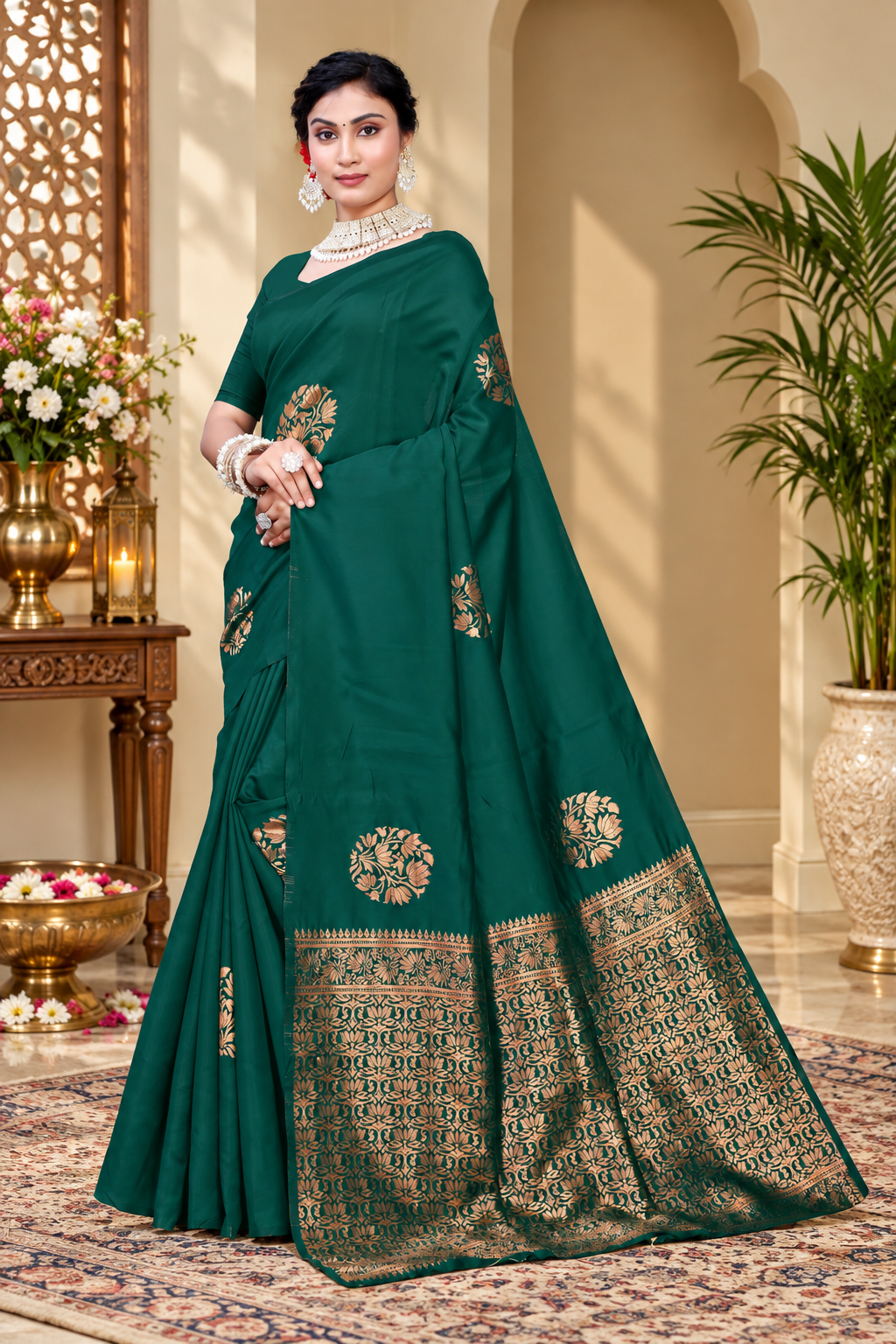 Owl Sky Kanjivaram Cotton Silk Saree for Women with Zari Border | Traditional Indian Saree with Unstitched Blouse Piece | Lightweight Festival Wear Saree | Elegant Soft Cotton Silk Saree Bottle Green