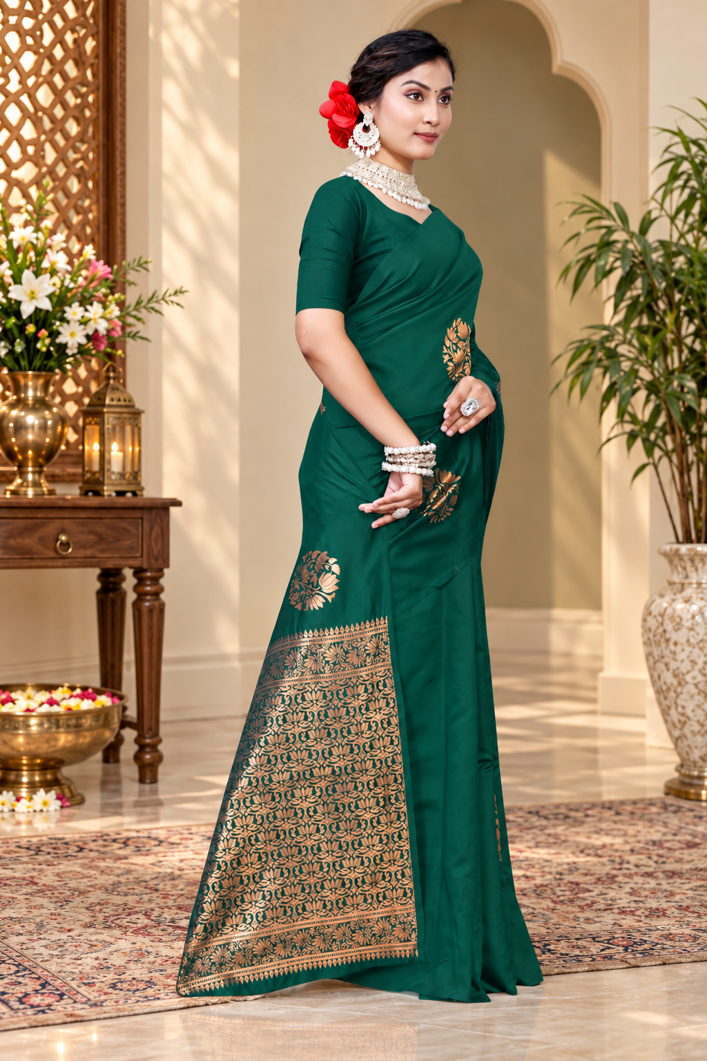 Owl Sky Kanjivaram Cotton Silk Saree for Women with Zari Border | Traditional Indian Saree with Unstitched Blouse Piece | Lightweight Festival Wear Saree | Elegant Soft Cotton Silk Saree Bottle Green
