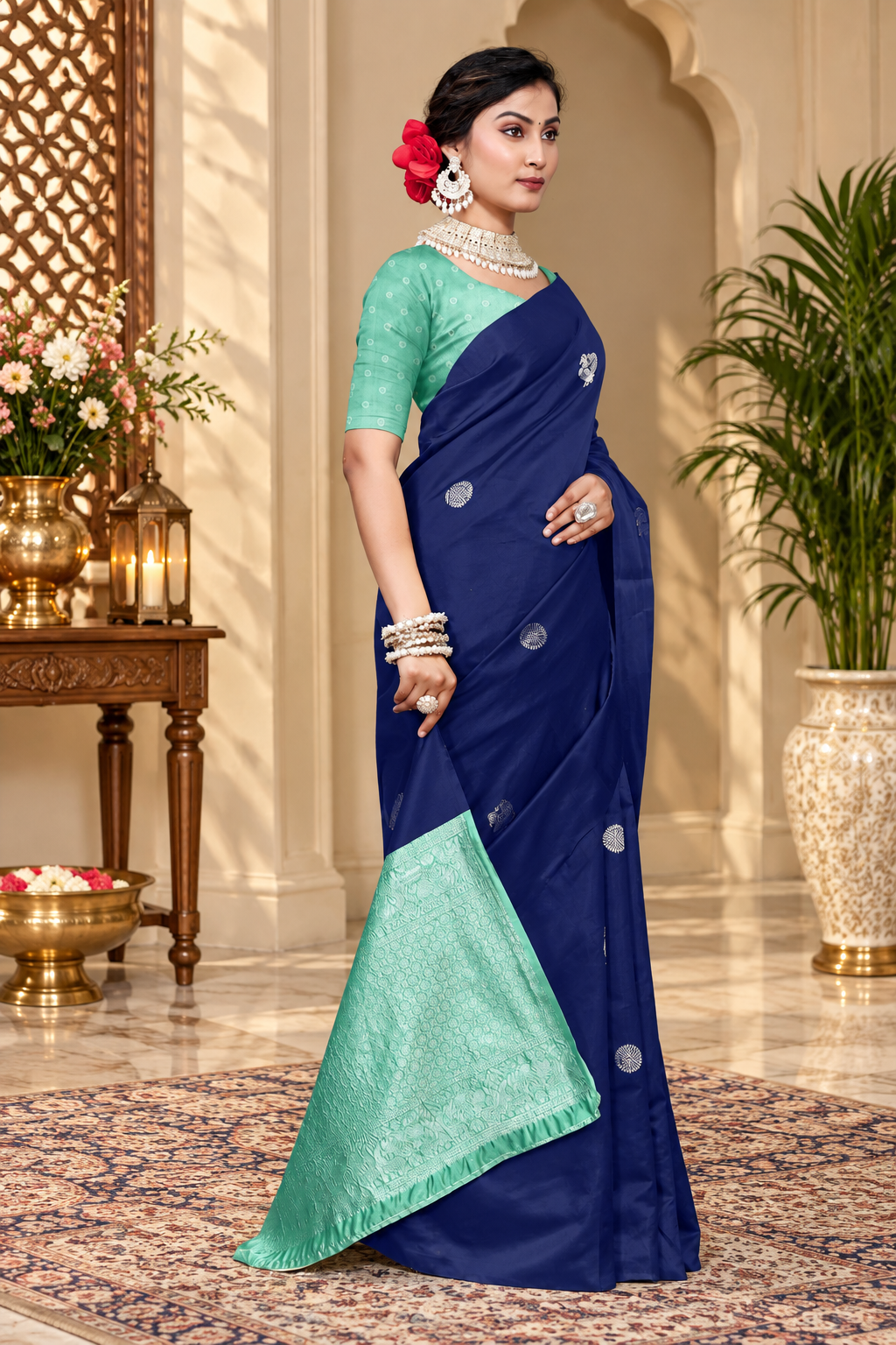 Owlsky Women's Kanjivaram Silk Saree Soft Banarasi Style with Golden & Silver Zari Border | Elegant Silk Look Saree with Unstitched Blouse Piece Navy Blue