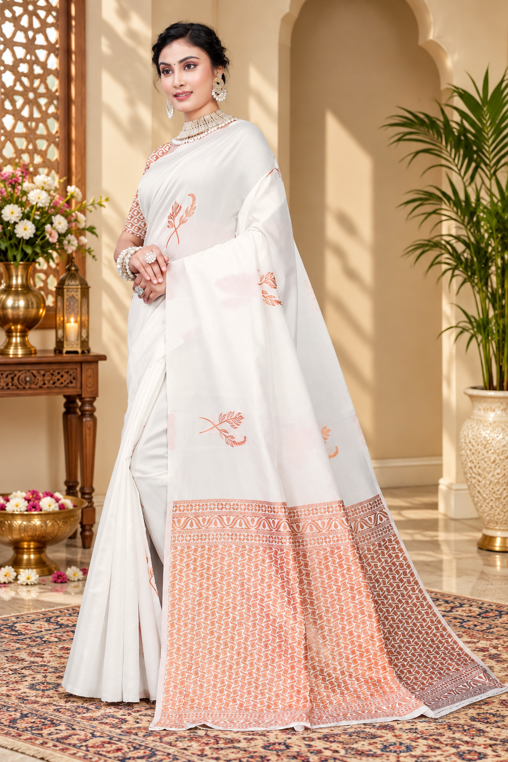 Owlsky Women's Kanjivaram Silk Saree Soft Banarasi Style with Golden & Silver Zari Border | Elegant Silk Look Saree with Unstitched Blouse Piece White