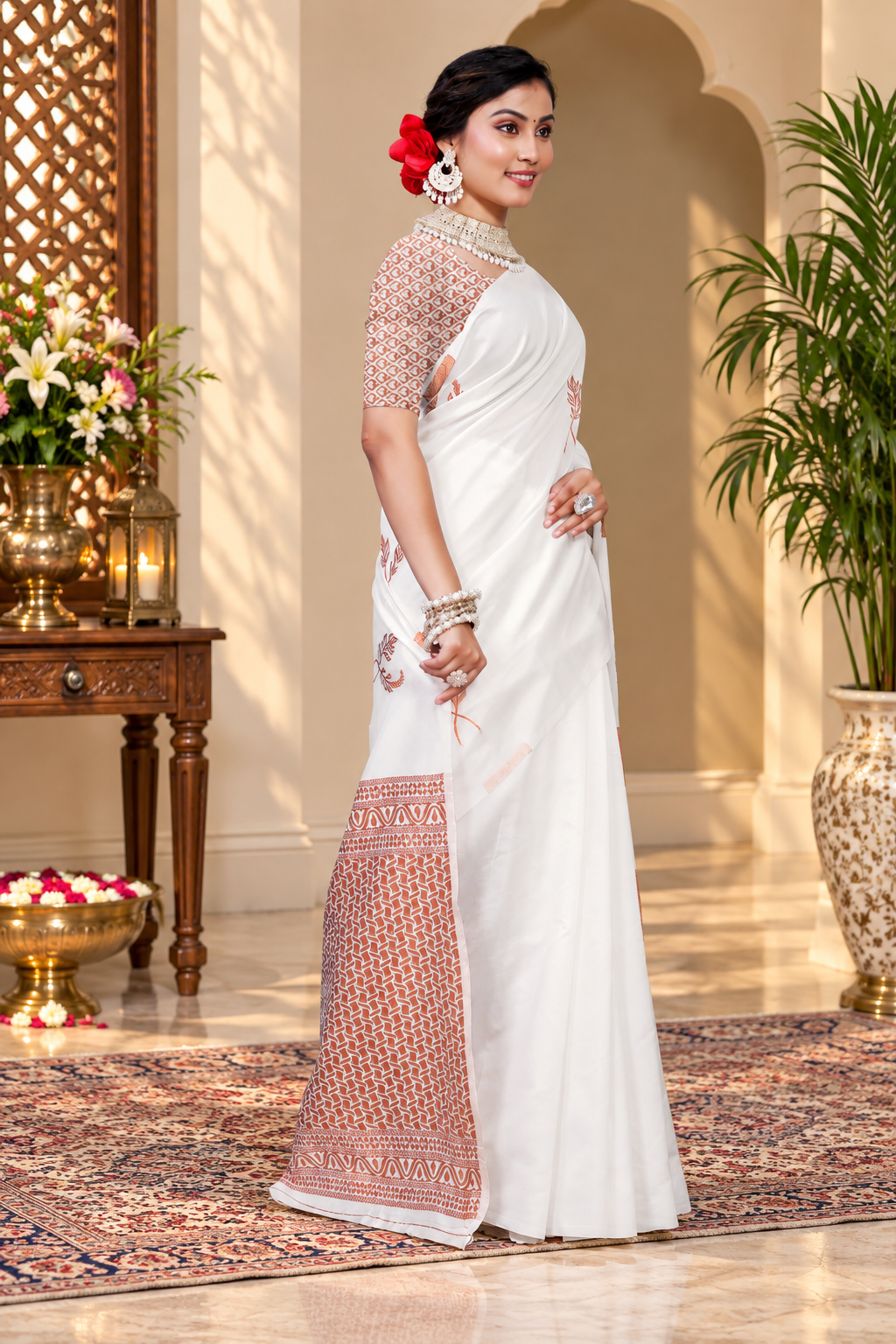 Owlsky Women's Kanjivaram Silk Saree Soft Banarasi Style with Golden & Silver Zari Border | Elegant Silk Look Saree with Unstitched Blouse Piece White