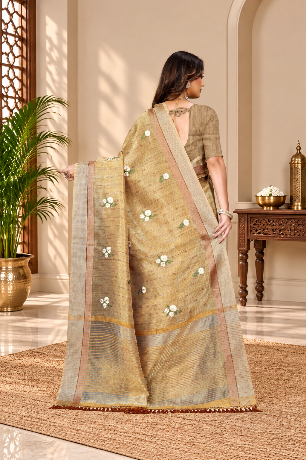 OWLSKY, SASSY & STYLO Women's Latest Elegant Linen Saree Foil Print work with Unstitched Blouse | Traditional Festive Collection Sage Golden Beige