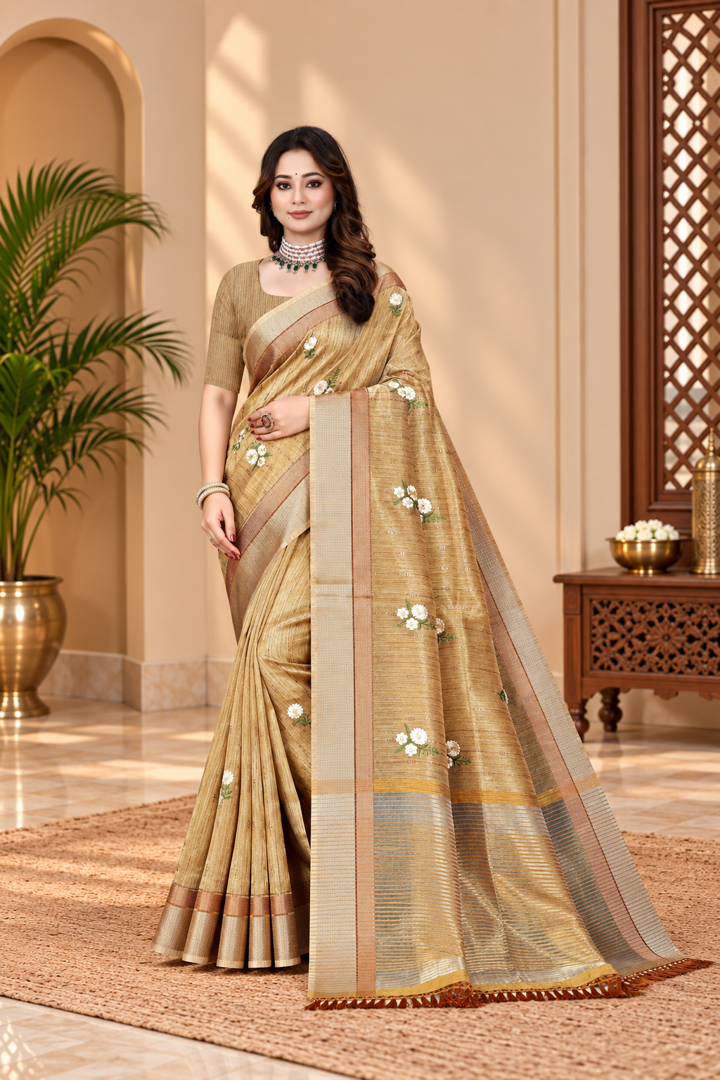 OWLSKY, SASSY & STYLO Women's Latest Elegant Linen Saree Foil Print work with Unstitched Blouse | Traditional Festive Collection Sage Golden Beige