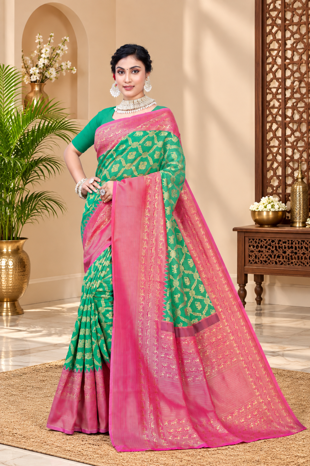 Owl Sky Kanjivaram Cotton Silk Saree for Women with Zari Border | Traditional Indian Saree with Unstitched Blouse Piece | Lightweight Festival Wear Saree | Elegant Soft Cotton Silk Saree Parrot Green