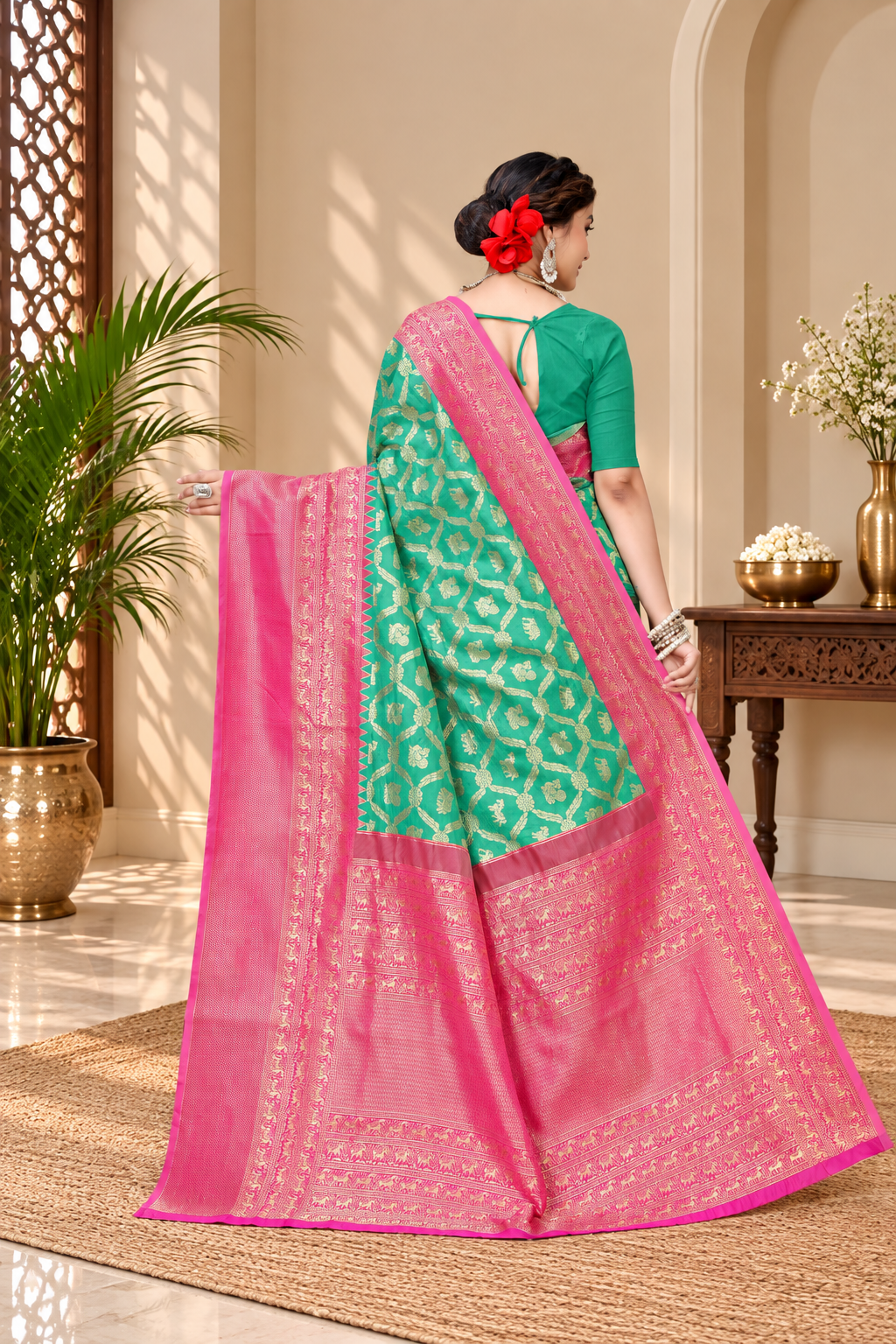 Owl Sky Kanjivaram Cotton Silk Saree for Women with Zari Border | Traditional Indian Saree with Unstitched Blouse Piece | Lightweight Festival Wear Saree | Elegant Soft Cotton Silk Saree Parrot Green