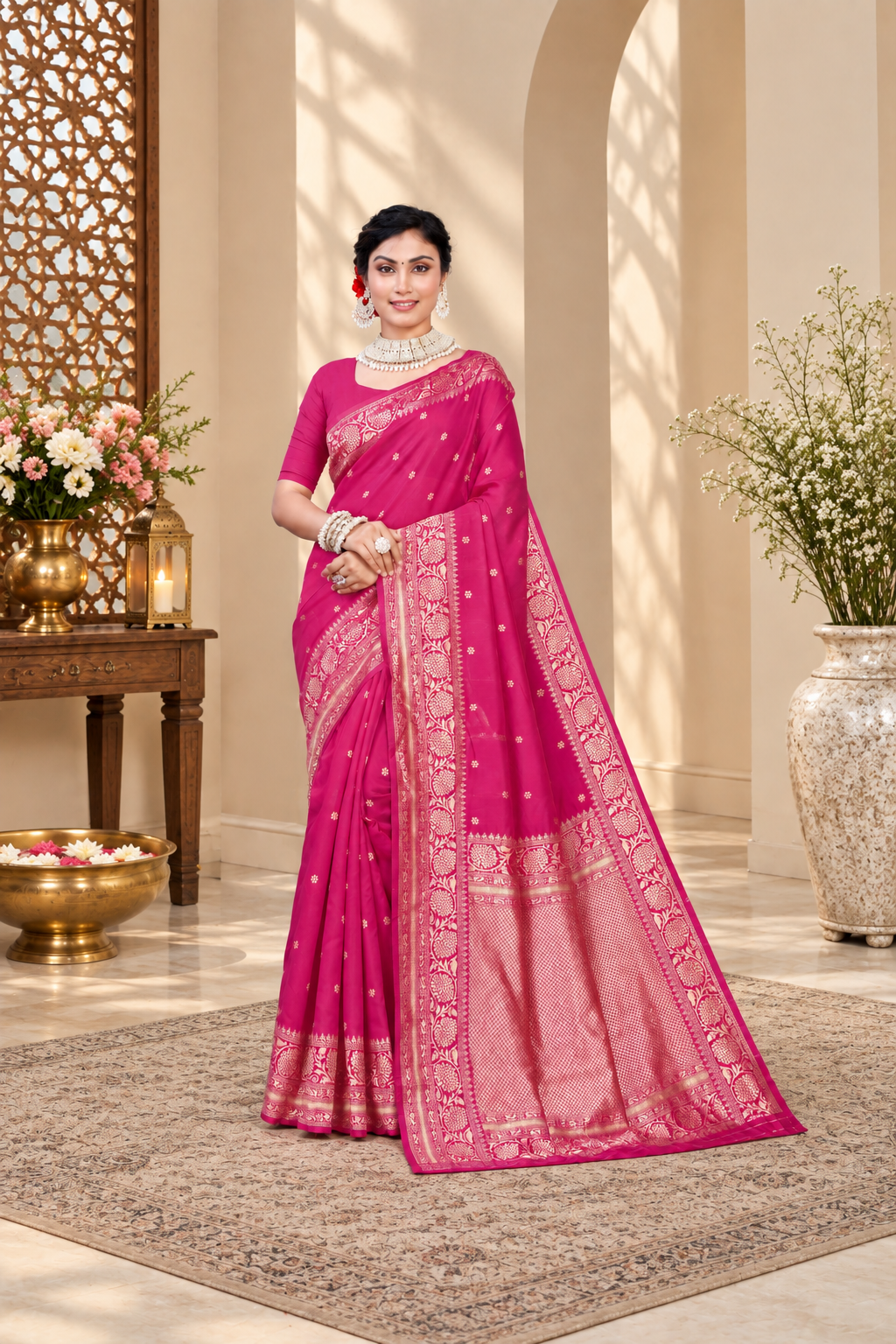 Owlsky Women's Kanjivaram Silk Saree Soft Banarasi Style with Golden & Silver Zari Border | Elegant Silk Look Saree with Unstitched Blouse Piece Rani Pink
