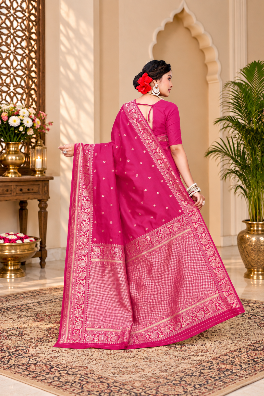 Owlsky Women's Kanjivaram Silk Saree Soft Banarasi Style with Golden & Silver Zari Border | Elegant Silk Look Saree with Unstitched Blouse Piece Rani Pink
