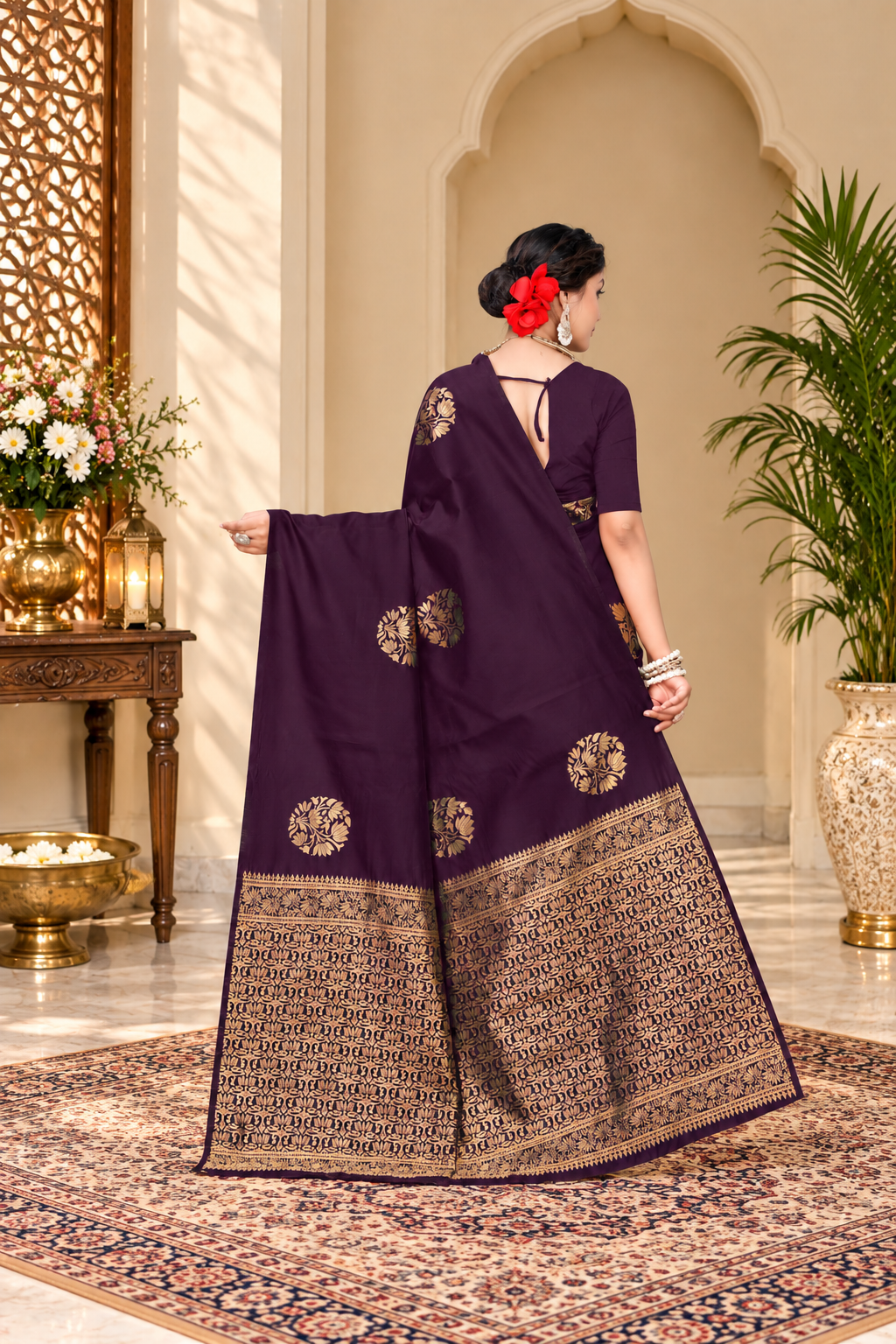 Owlsky Women's Kanjivaram Silk Saree Soft Banarasi Style with Golden & Silver Zari Border | Elegant Silk Look Saree with Unstitched Blouse Piece Maroon