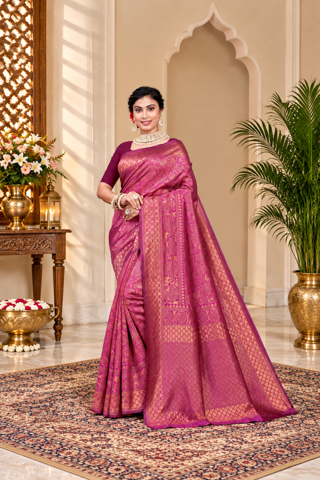 Owl Sky Kanjivaram Cotton Silk Saree for Women with Zari Border | Traditional Indian Saree with Unstitched Blouse Piece | Lightweight Festival Wear Saree | Elegant Soft Cotton Silk Saree Magenta