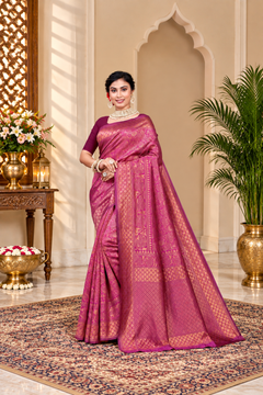Owl Sky Kanjivaram Cotton Silk Saree for Women with Zari Border | Traditional Indian Saree with Unstitched Blouse Piece | Lightweight Festival Wear Saree | Elegant Soft Cotton Silk Saree Magenta