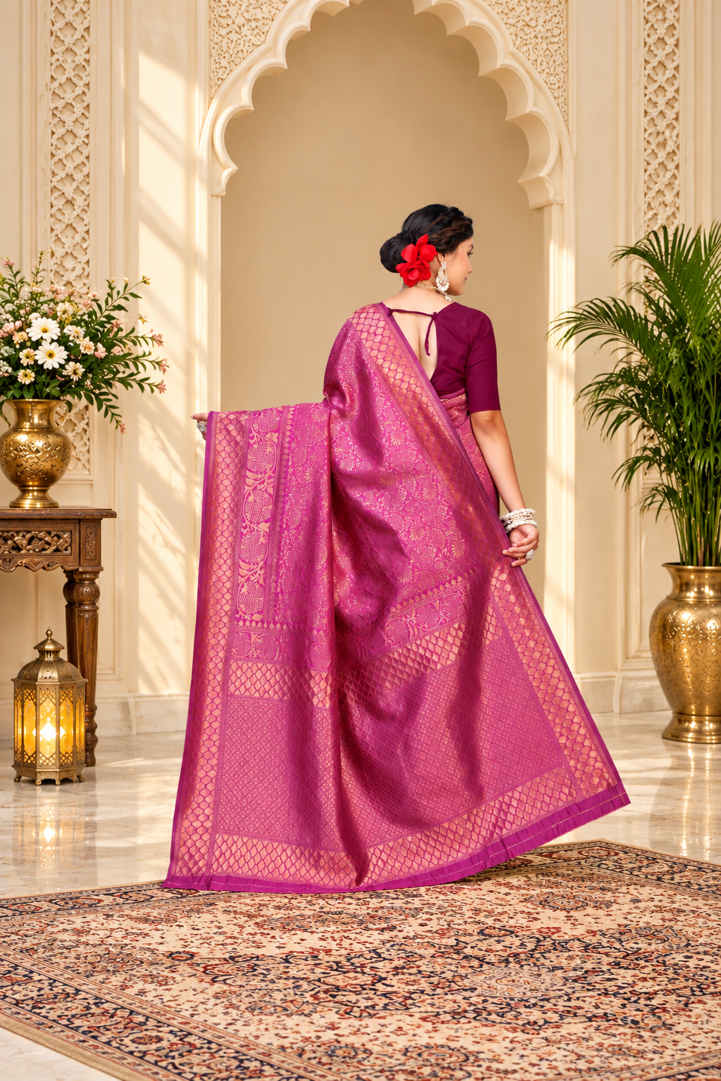 Owl Sky Kanjivaram Cotton Silk Saree for Women with Zari Border | Traditional Indian Saree with Unstitched Blouse Piece | Lightweight Festival Wear Saree | Elegant Soft Cotton Silk Saree Magenta