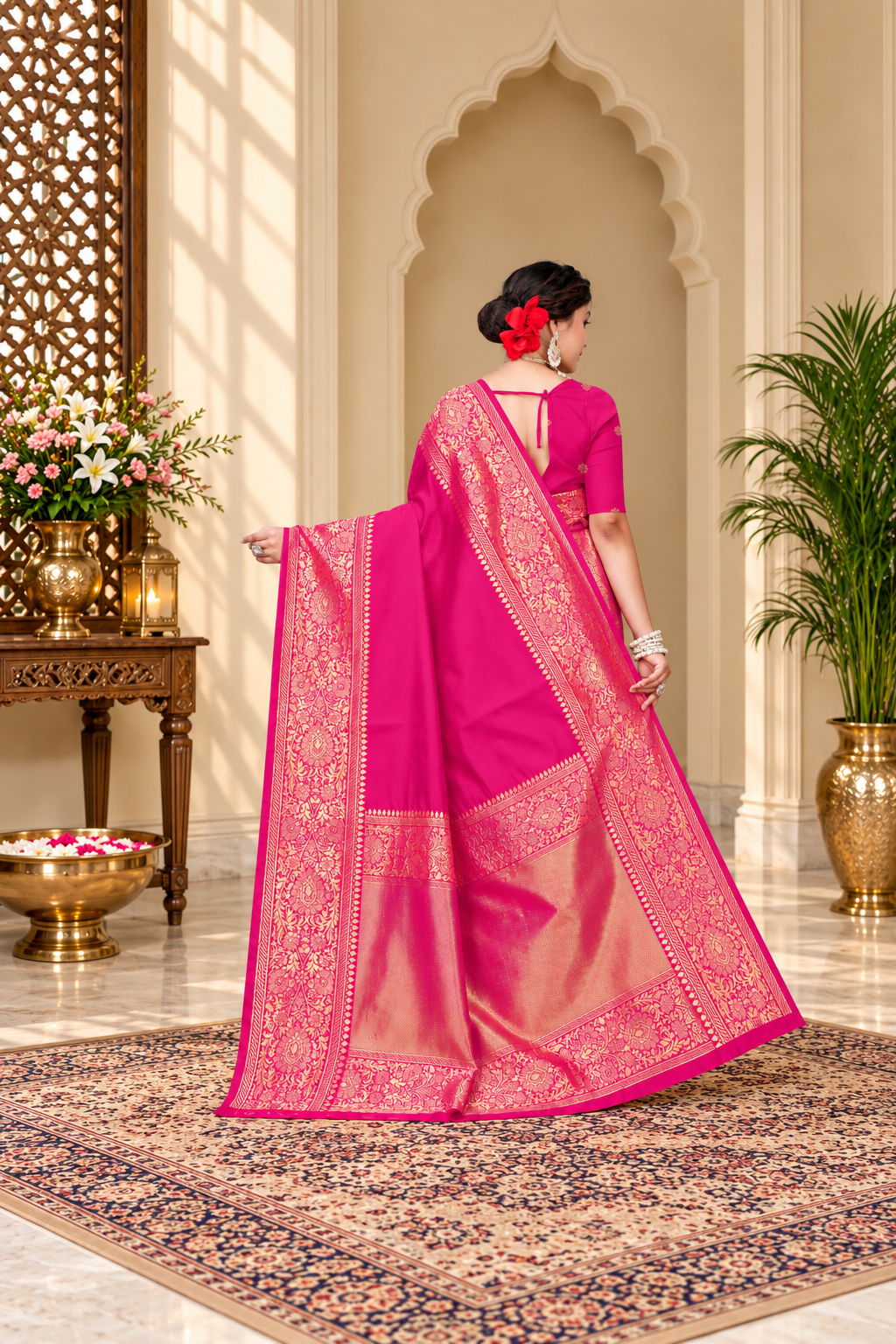 Owlsky Kanjivaram Cotton Silk Saree for Women with Zari Border | Traditional Indian Saree with Unstitched Blouse Piece | Lightweight Festival Wear Saree | Elegant Soft Cotton Silk Saree Rani Pink