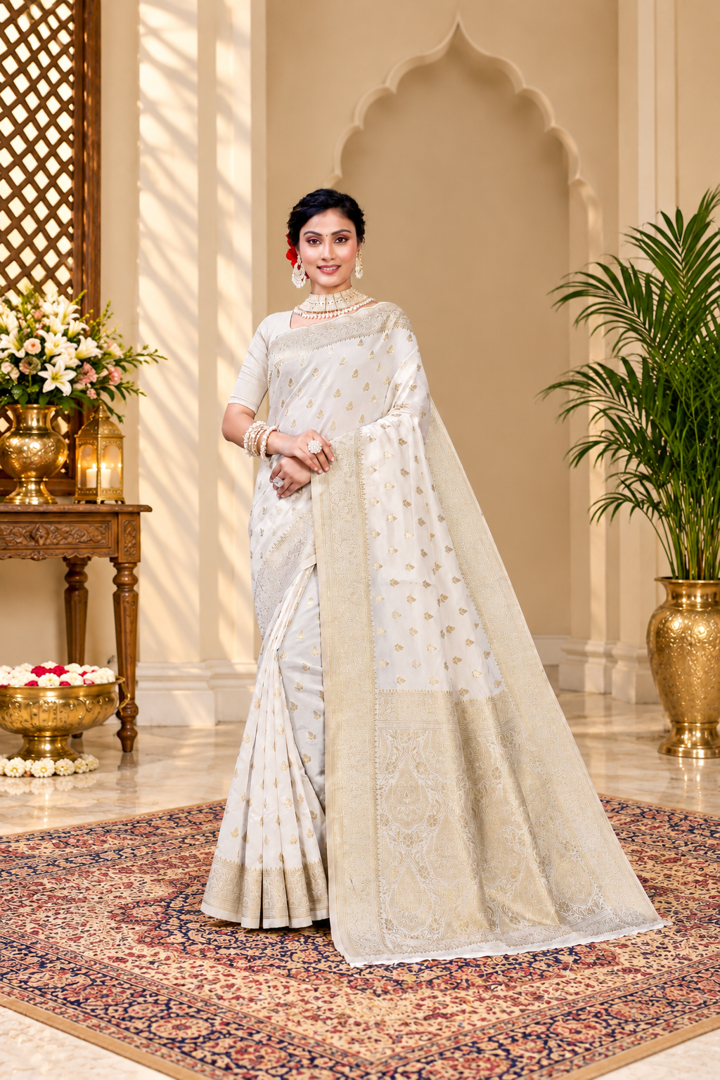 Owlsky Women's Kanjivaram Silk Saree Soft Banarasi Style with Golden & Silver Zari Border | Elegant Silk Look Saree with Unstitched Blouse Piece Off White
