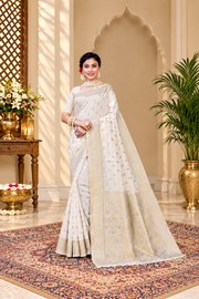 Owlsky Women's Kanjivaram Silk Saree Soft Banarasi Style with Golden & Silver Zari Border | Elegant Silk Look Saree with Unstitched Blouse Piece Off White