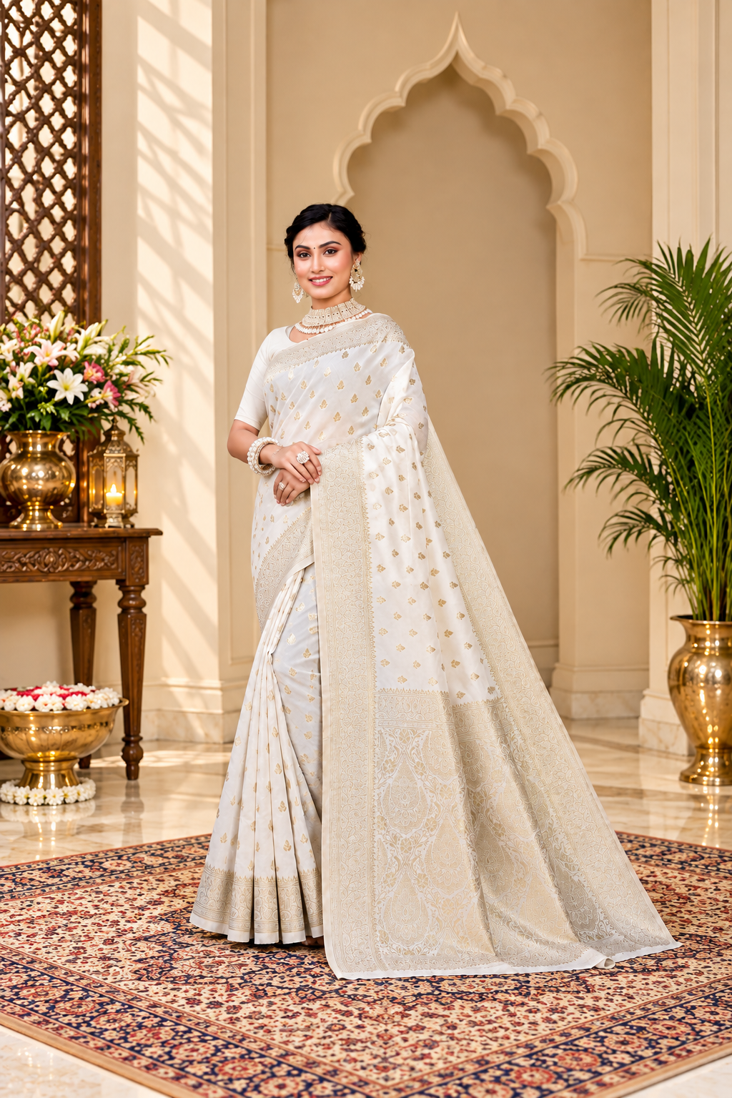 Owlsky Women's Kanjivaram Silk Saree Soft Banarasi Style with Golden & Silver Zari Border | Elegant Silk Look Saree with Unstitched Blouse Piece Off White