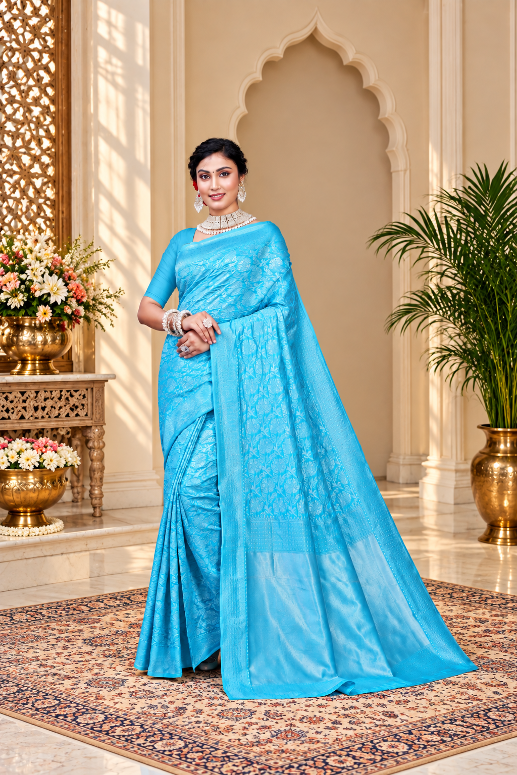 Owl Sky Kanjivaram Cotton Silk Saree for Women with Zari Border | Traditional Indian Saree with Unstitched Blouse Piece | Lightweight Festival Wear Saree | Elegant Soft Cotton Silk Saree Sky Blue