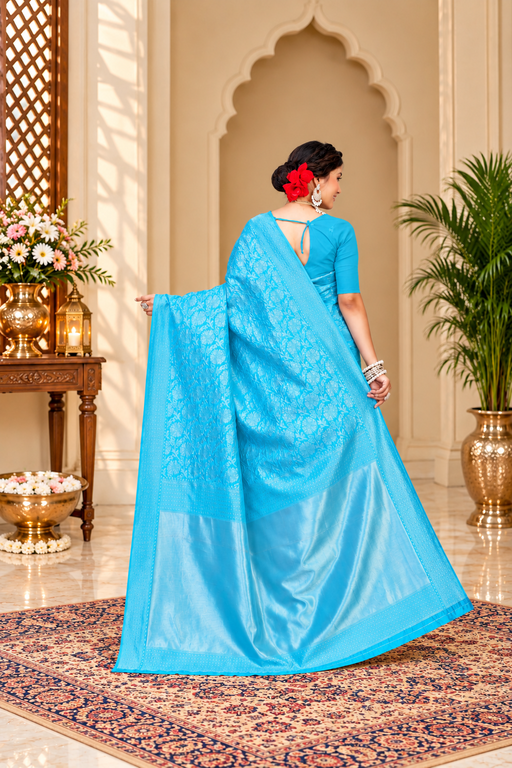 Owl Sky Kanjivaram Cotton Silk Saree for Women with Zari Border | Traditional Indian Saree with Unstitched Blouse Piece | Lightweight Festival Wear Saree | Elegant Soft Cotton Silk Saree Sky Blue