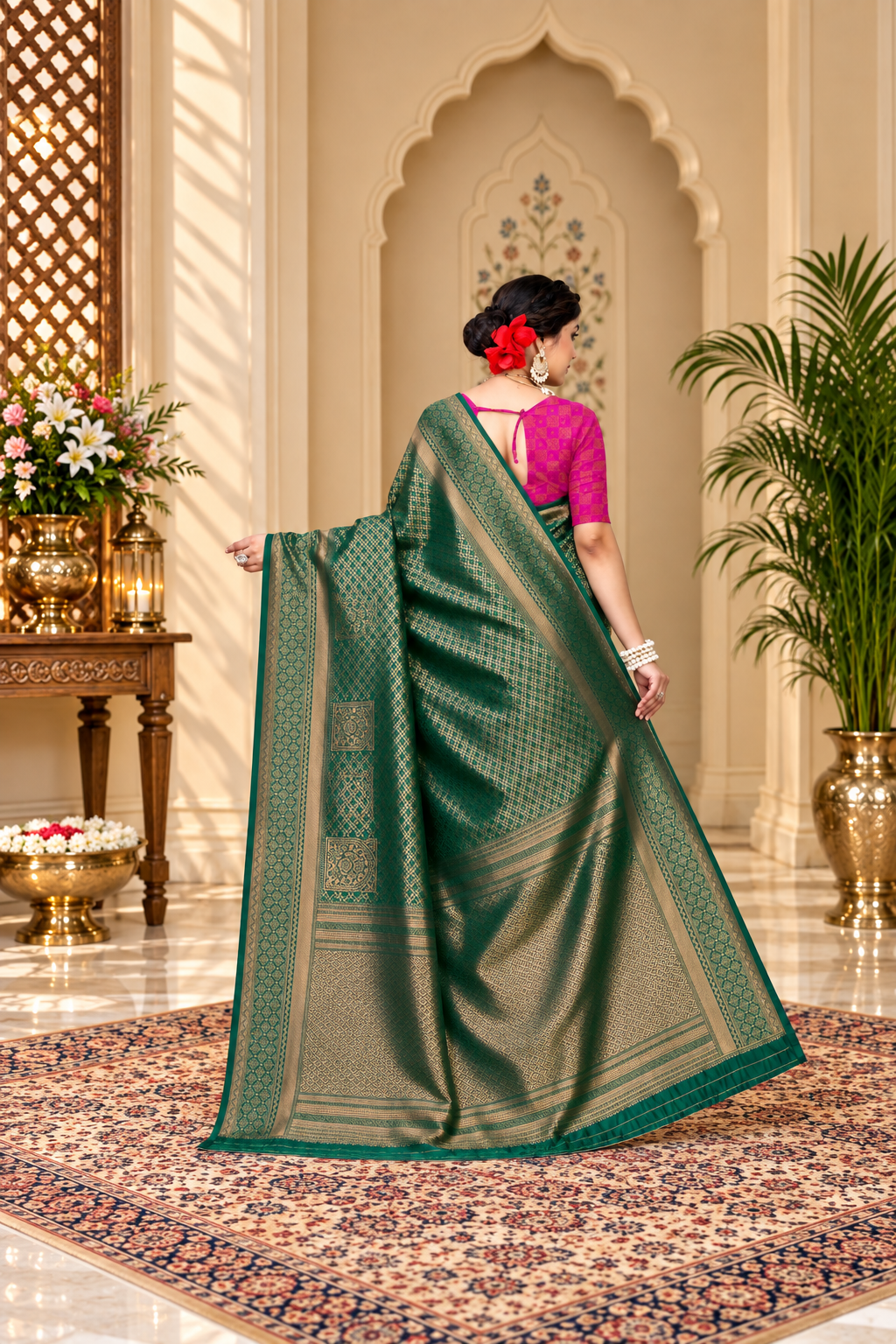 Owlsky Women's Kanjivaram Silk Saree Soft Banarasi Style with Golden & Silver Zari Border | Elegant Silk Look Saree with Unstitched Blouse Piece Bottle Green