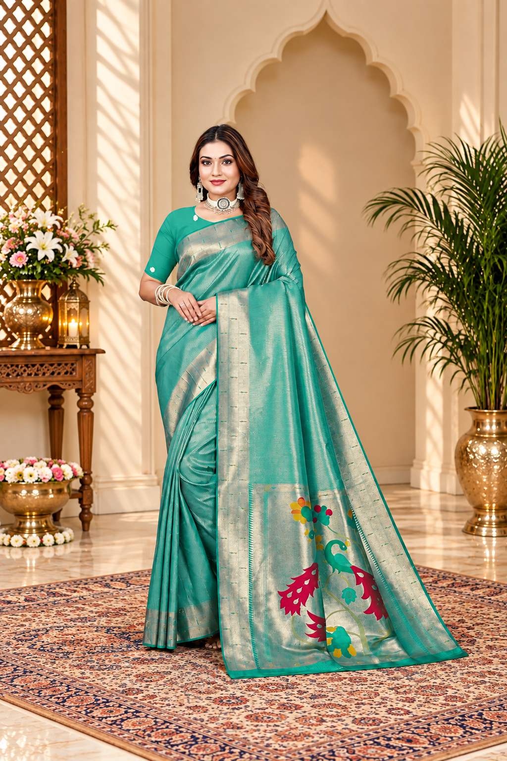 Owlsky Women’s Kanjivaram Silk Saree with Beautiful Paithani Rich Pallu | Design Work Zari Woven Kanjivaram Silk Style Saree With Soft Lichi Silk Blouse Sea Green