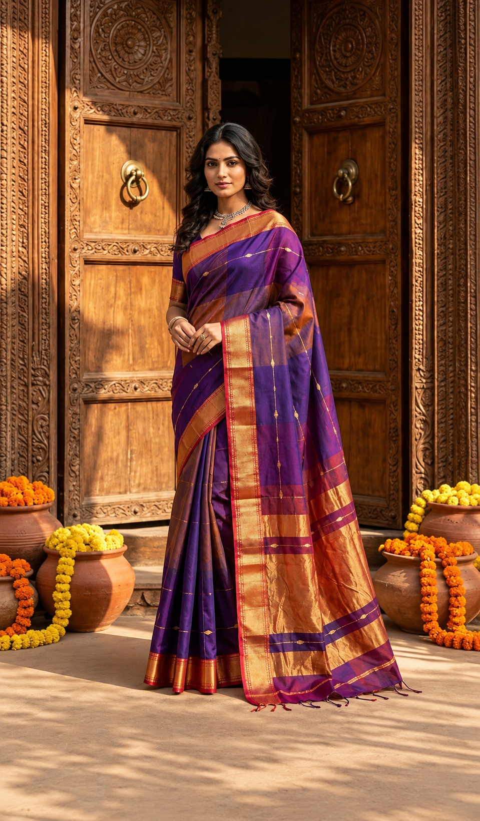 OWLSKY, SASSY & STYLO Women's Handloom Maheshwari Silk Saree with Traditional Zari Border | Premium Woven Silk Saree with Rich Pallu & Running Blouse | Designer Ethnic Saree for Wedding, Festival