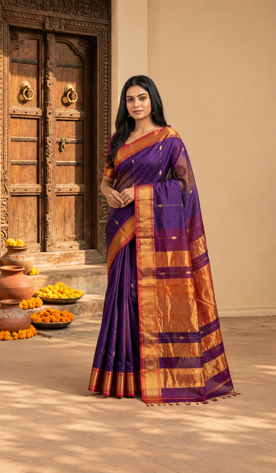 OWLSKY, SASSY & STYLO Women's Handloom Maheshwari Silk Saree with Traditional Zari Border | Premium Woven Silk Saree with Rich Pallu & Running Blouse | Designer Ethnic Saree for Wedding, Festival