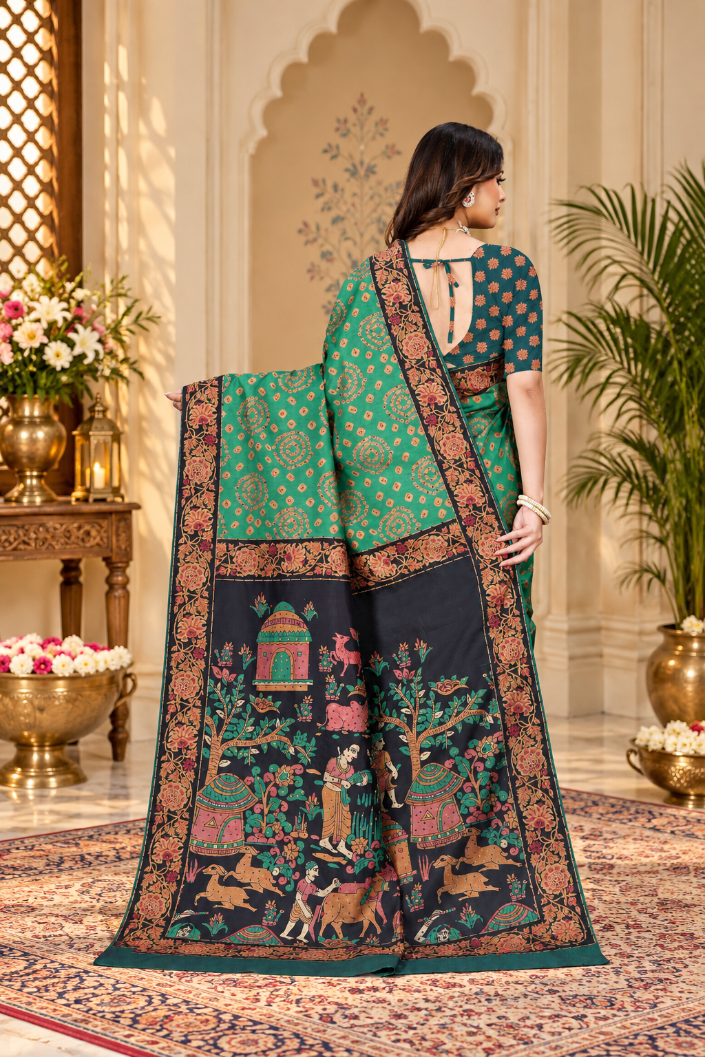 OWLSKY, SASSY & STYLO Women's Trendy Blended Silk Saree with Kalamkari Pallu & Designer Border | Festive Traditional Saree for Women | Traditional floral Motif | Saree With Unstitched Blouse Bottle Green