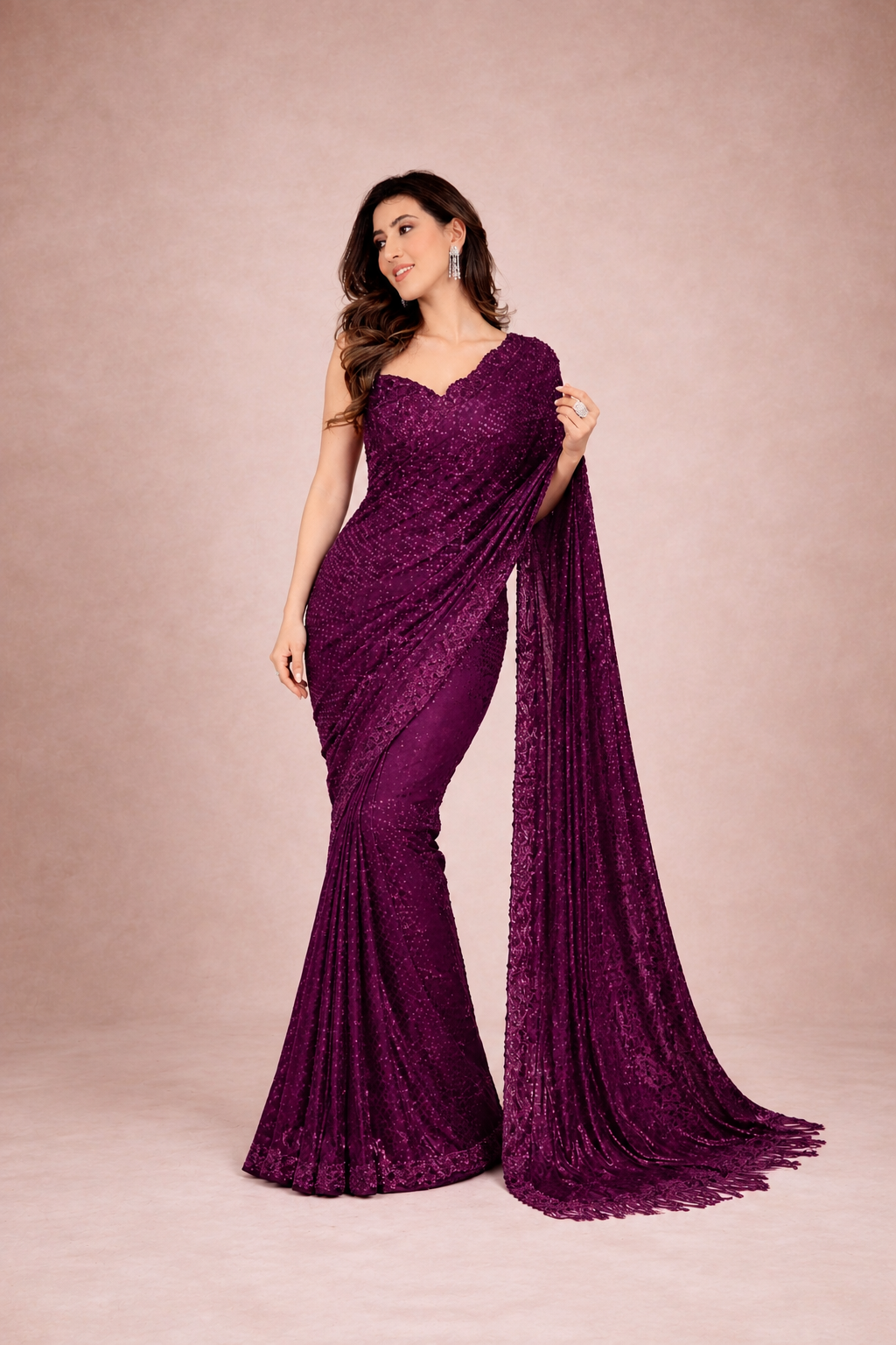 Wine Sequins Bollywood Saree - Faux Georgette with Designer Embroidery Blouse