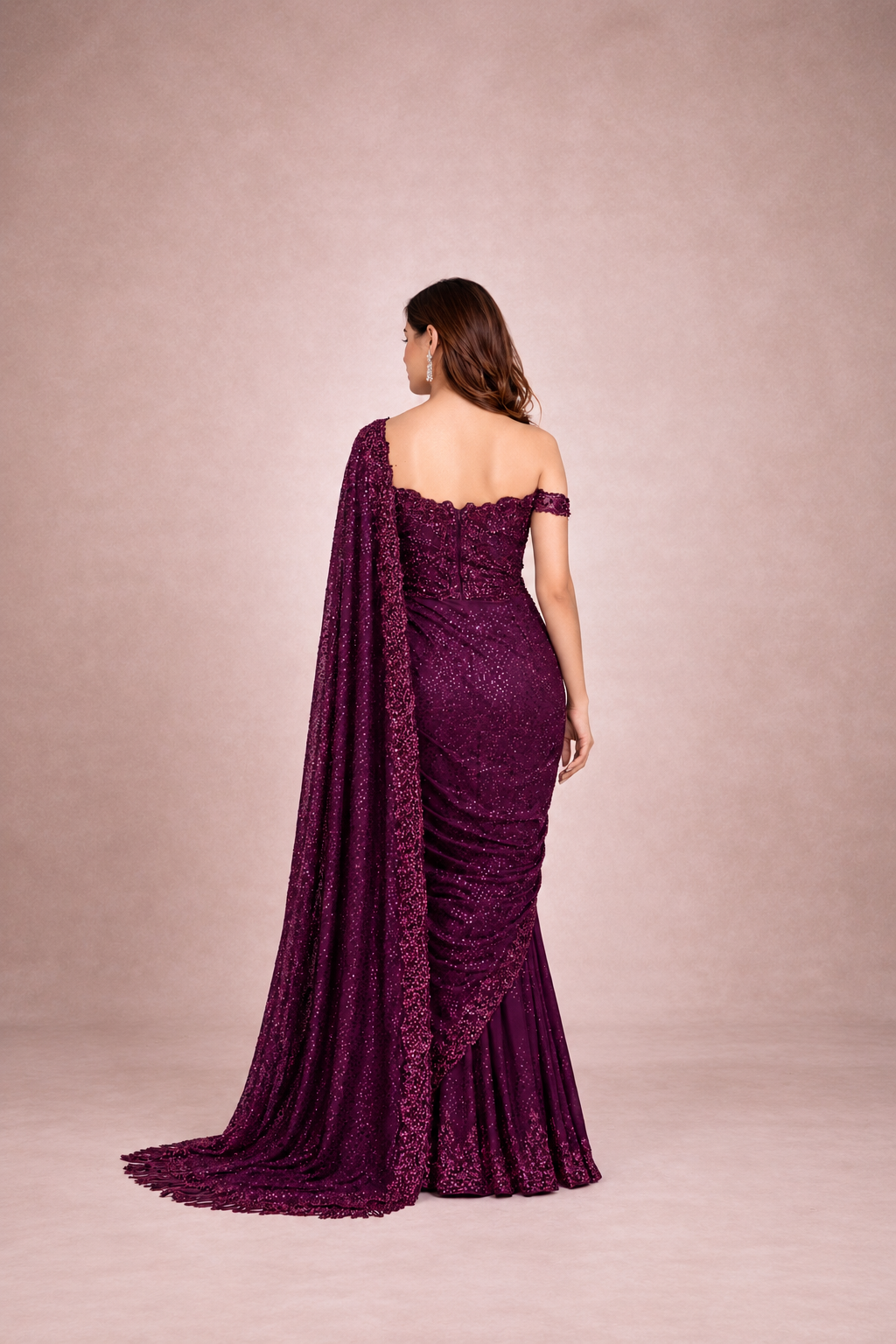 Wine Sequins Bollywood Saree - Faux Georgette with Designer Embroidery Blouse
