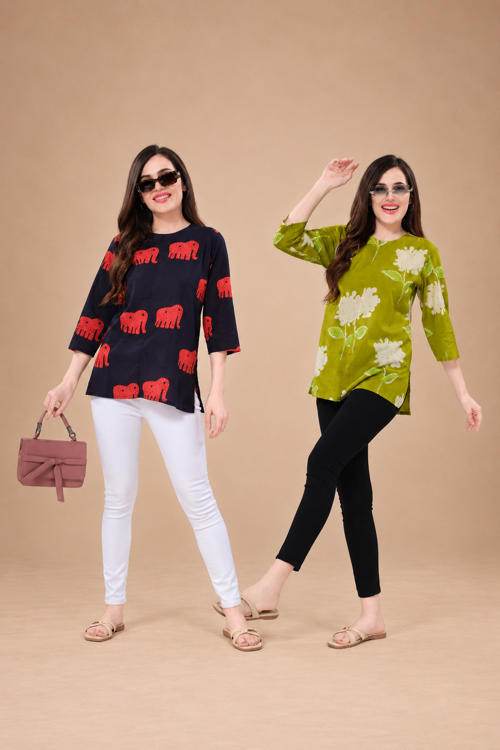 Owlsky Women’s Pure Cotton Jaipuri Printed Short Kurti  Combo Pack of 2 – Free Size - Black and Green