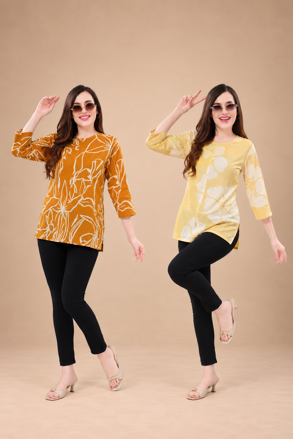 Owlsky Women’s Pure Cotton Jaipuri Printed Short Kurti  Combo Pack of 2 – Free Size - Orange and Yellow