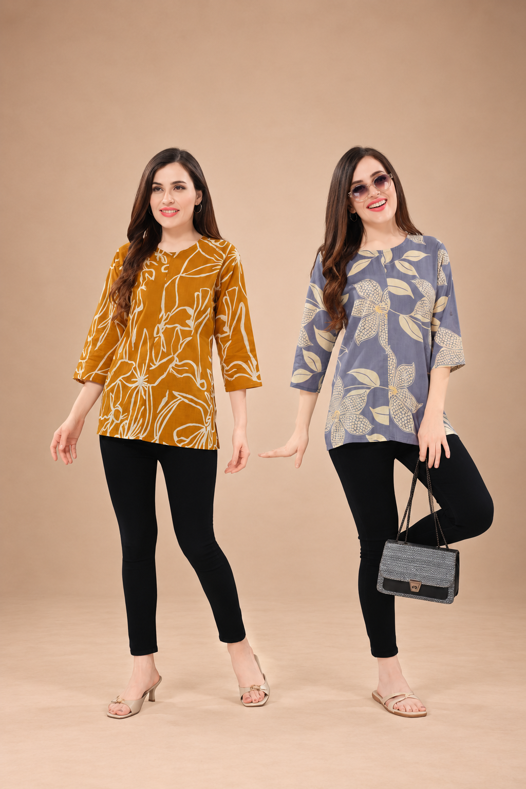 Owlsky Women’s Pure Cotton Jaipuri Printed Short Kurti  Combo Pack of 2 – Free Size - Orange and Purple