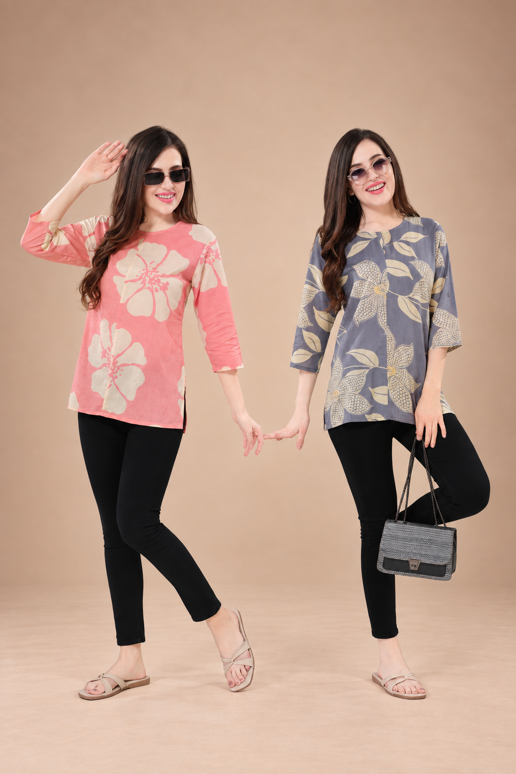 Owlsky Women’s Pure Cotton Jaipuri Printed Short Kurti  Combo Pack of 2 – Free Size - Pink and Purple