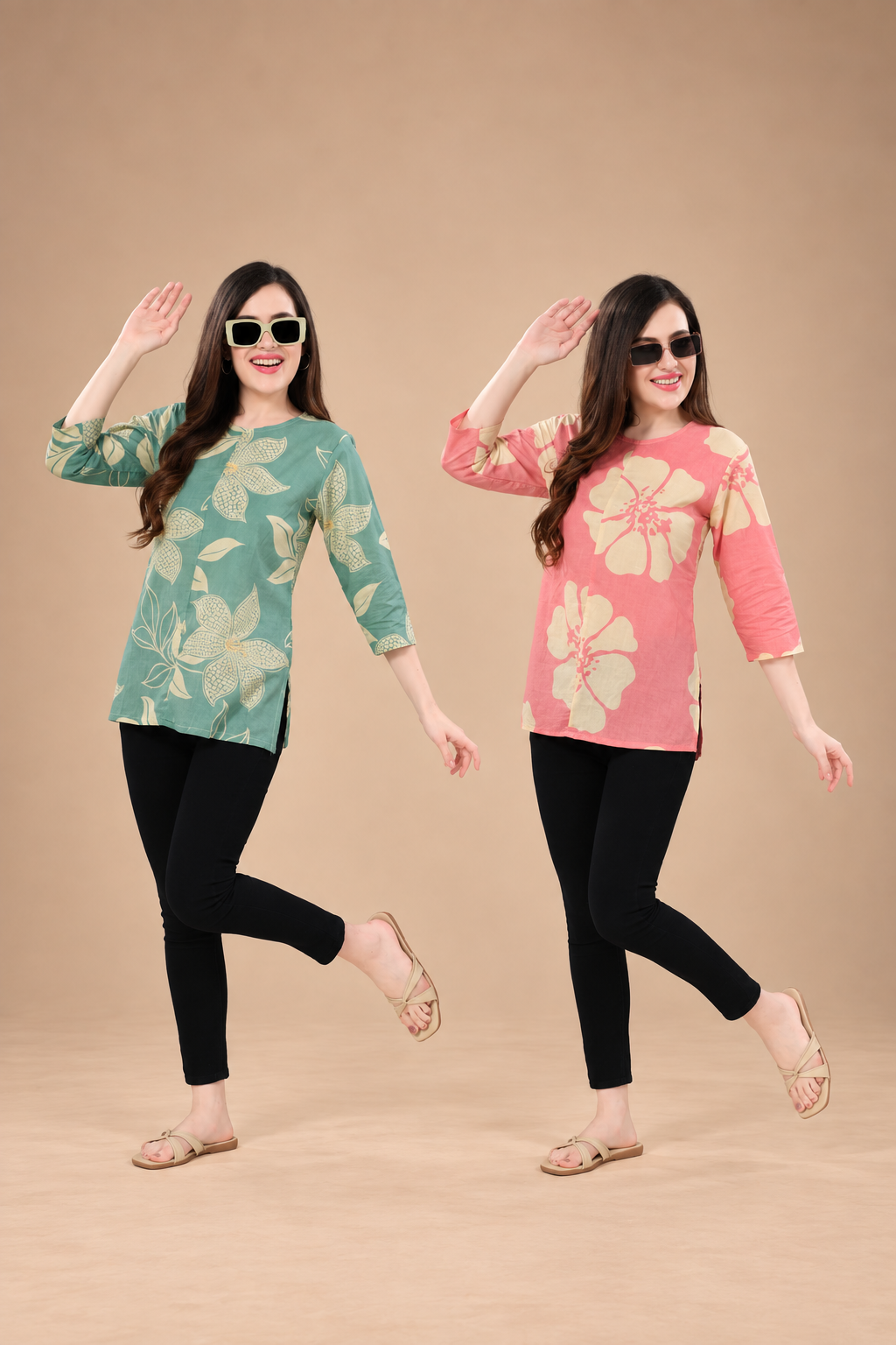 Owlsky Women’s Pure Cotton Jaipuri Printed Short Kurti  Combo Pack of 2 – Free Size Sea blue and Pink