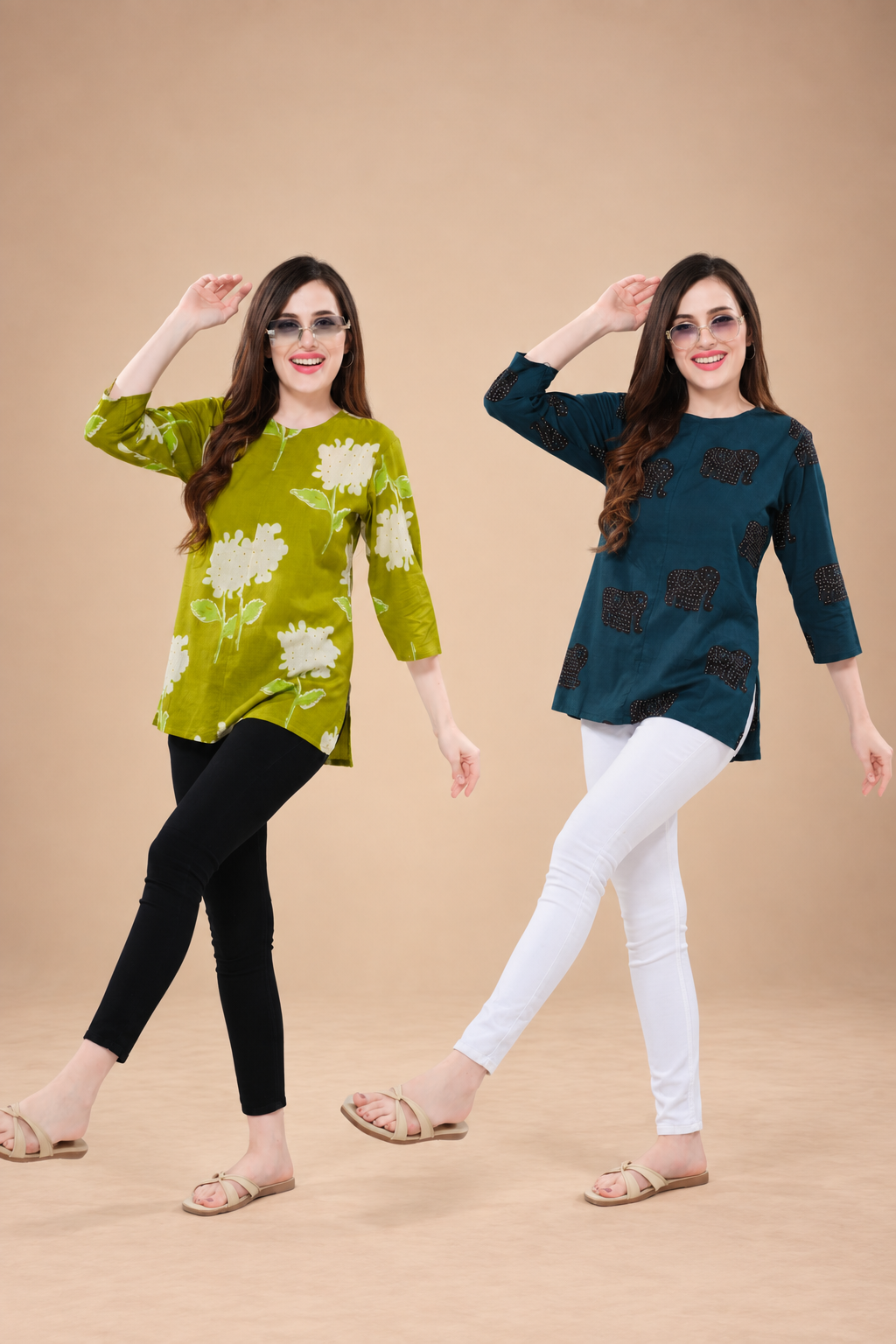 Owlsky Women’s Pure Cotton Jaipuri Printed Short Kurti  Combo Pack of 2 – Free Size Green and Blue