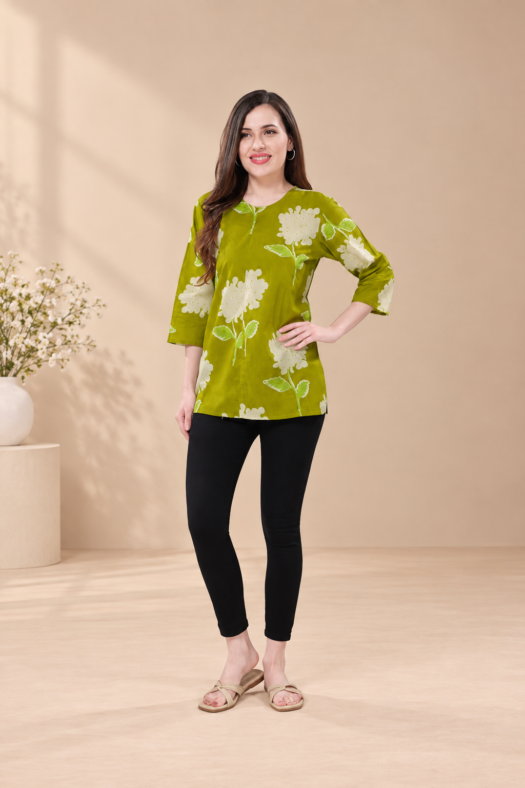 Owl Sky Women’s Pure Cotton Jaipuri Printed Short Kurti –  Green
