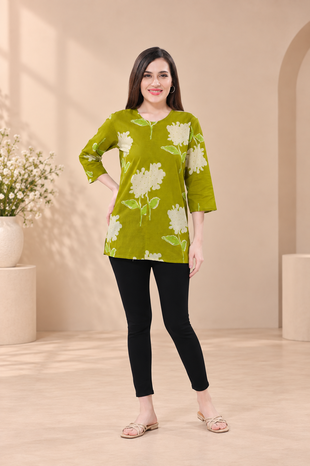 Owl Sky Women’s Pure Cotton Jaipuri Printed Short Kurti –  Green