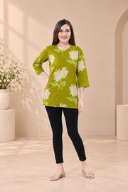 Owl Sky Women’s Pure Cotton Jaipuri Printed Short Kurti –  Green