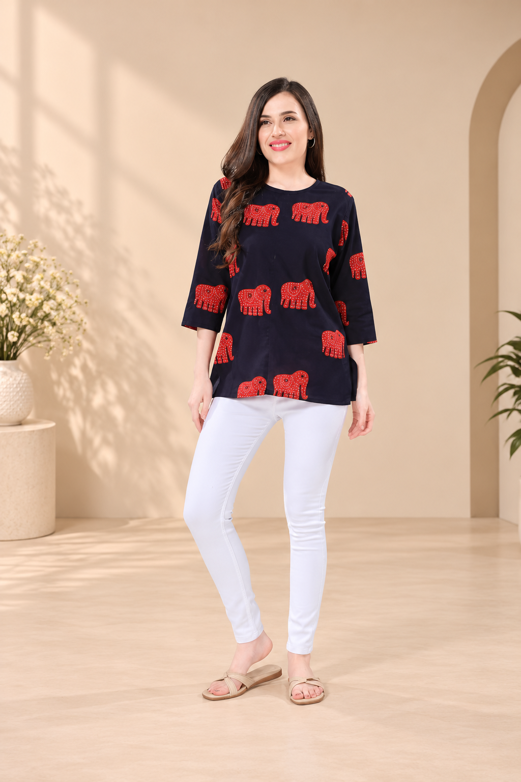 Owl Sky Women’s Pure Cotton Jaipuri Printed Short Kurti –  Black