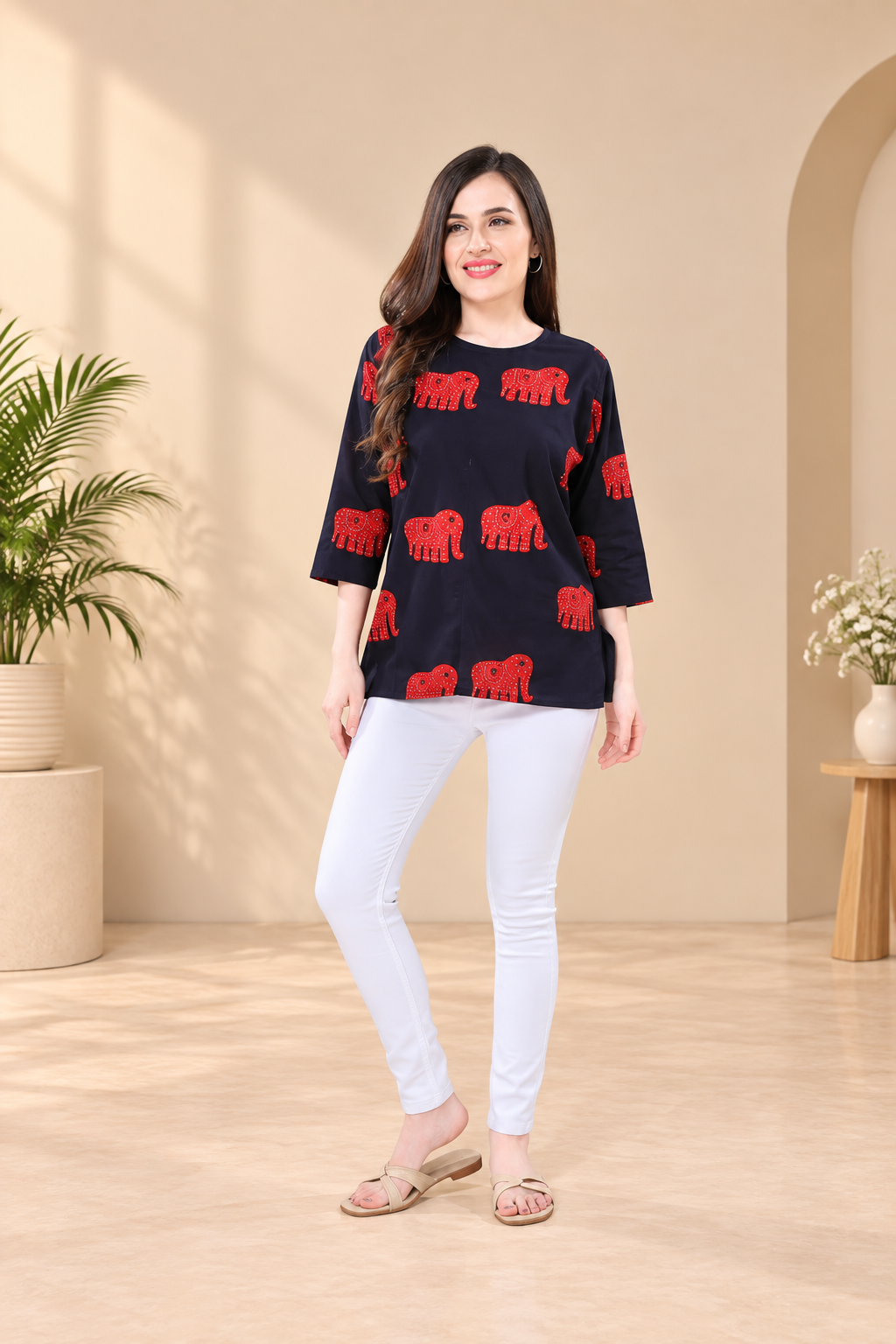 Owl Sky Women’s Pure Cotton Jaipuri Printed Short Kurti –  Black