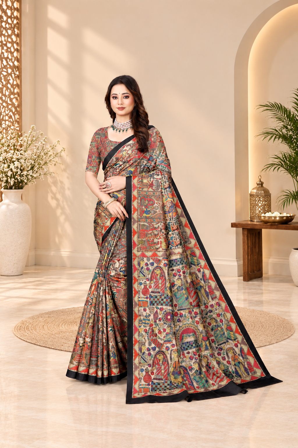 Madhubani Print Manipuri Silk Saree for Women | Indian Ethnic Party & Casual Wear | Unstitched Blouse Included Red