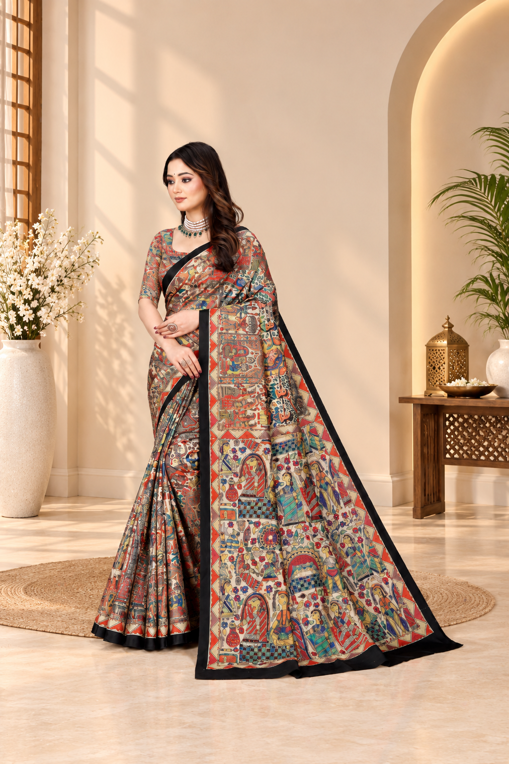 Madhubani Print Manipuri Silk Saree for Women | Indian Ethnic Party & Casual Wear | Unstitched Blouse Included Red