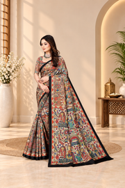Madhubani Print Manipuri Silk Saree for Women | Indian Ethnic Party & Casual Wear | Unstitched Blouse Included Red