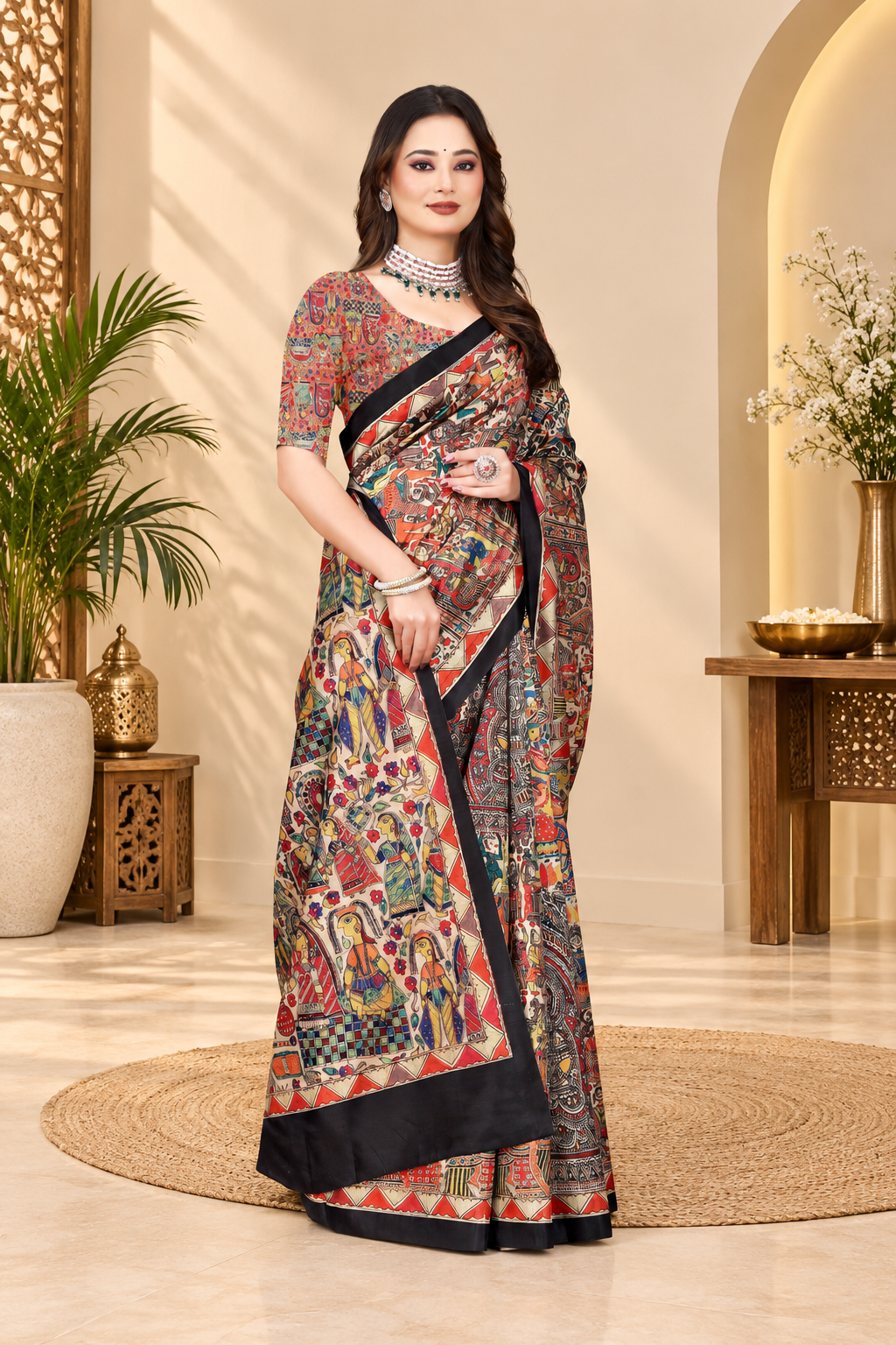 Madhubani Print Manipuri Silk Saree for Women | Indian Ethnic Party & Casual Wear | Unstitched Blouse Included Red