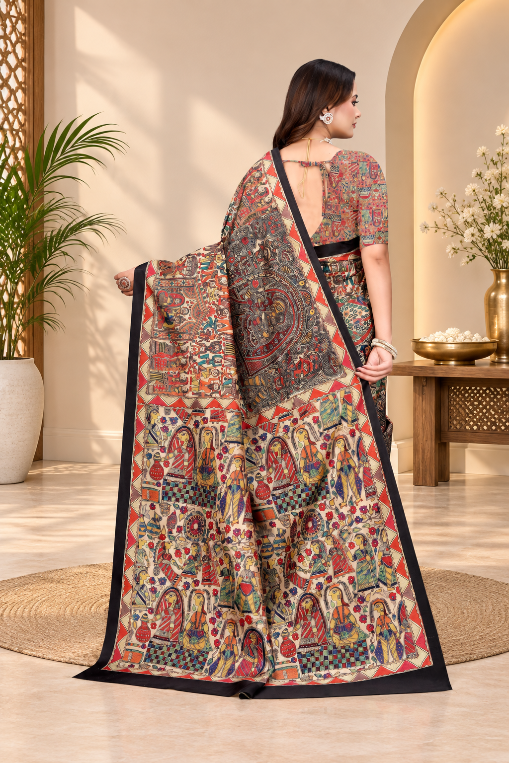 Madhubani Print Manipuri Silk Saree for Women | Indian Ethnic Party & Casual Wear | Unstitched Blouse Included Red