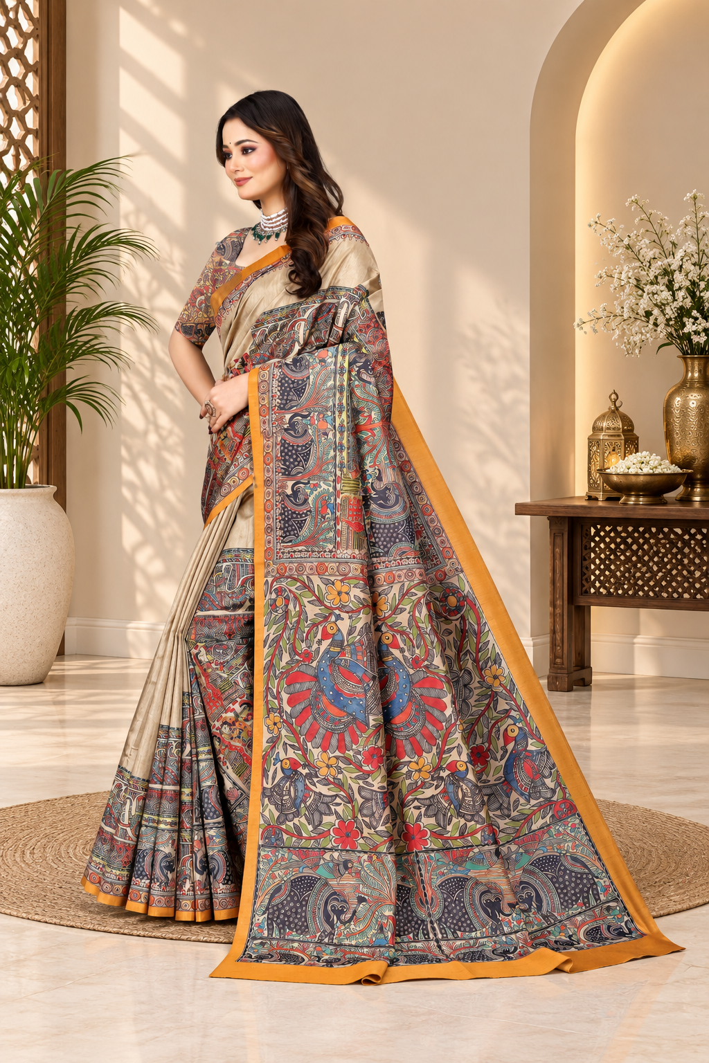 Madhubani Print Manipuri Silk Saree for Women | Indian Ethnic Party & Casual Wear | Unstitched Blouse Included Orange