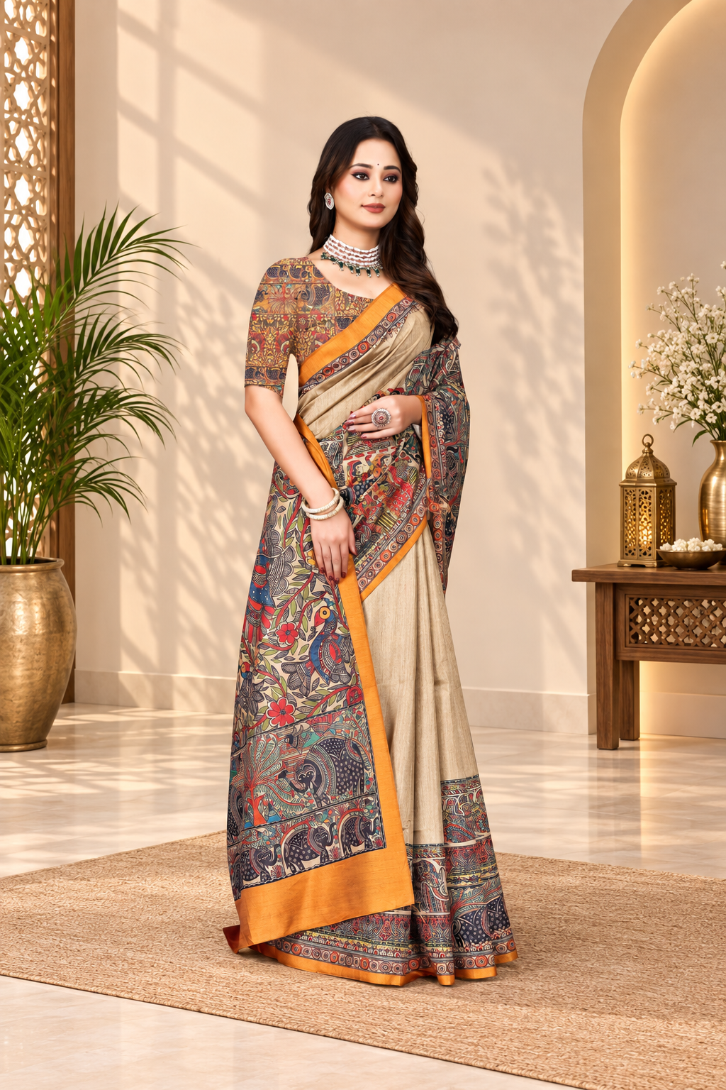 Madhubani Print Manipuri Silk Saree for Women | Indian Ethnic Party & Casual Wear | Unstitched Blouse Included Orange