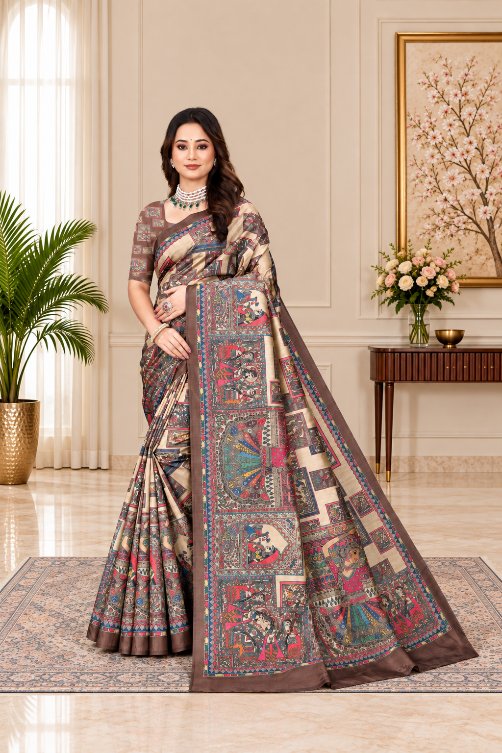 Madhubani Print Manipuri Silk Saree for Women | Indian Ethnic Party & Casual Wear | Unstitched Blouse Included Maroon