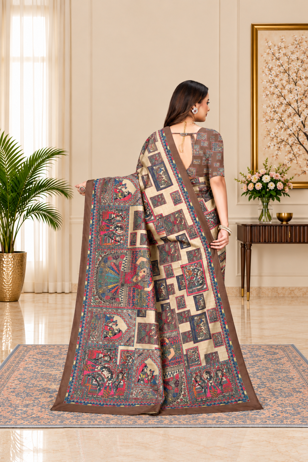 Madhubani Print Manipuri Silk Saree for Women | Indian Ethnic Party & Casual Wear | Unstitched Blouse Included Maroon