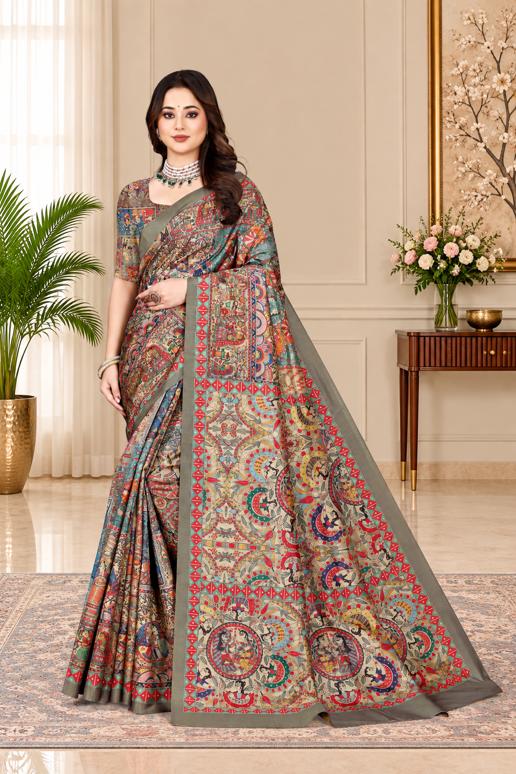 Madhubani Print Manipuri Silk Saree for Women | Indian Ethnic Party & Casual Wear | Unstitched Blouse Included Brown