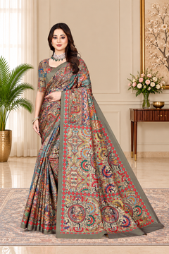 Madhubani Print Manipuri Silk Saree for Women | Indian Ethnic Party & Casual Wear | Unstitched Blouse Included Brown